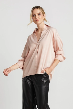 Kay Popover Satin Blouse With Long Cuffs - Rose Active Layer Twill Weave