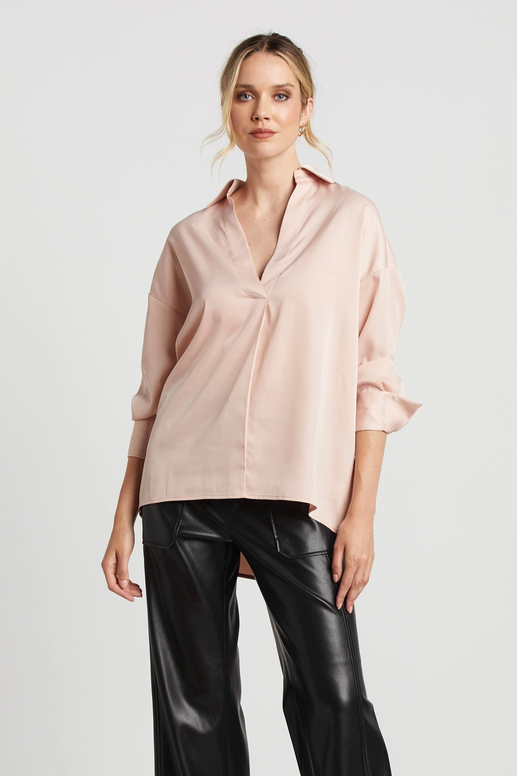 Kay Popover Satin Blouse With Long Cuffs - Rose Smart Casual Wear Sheer Panel