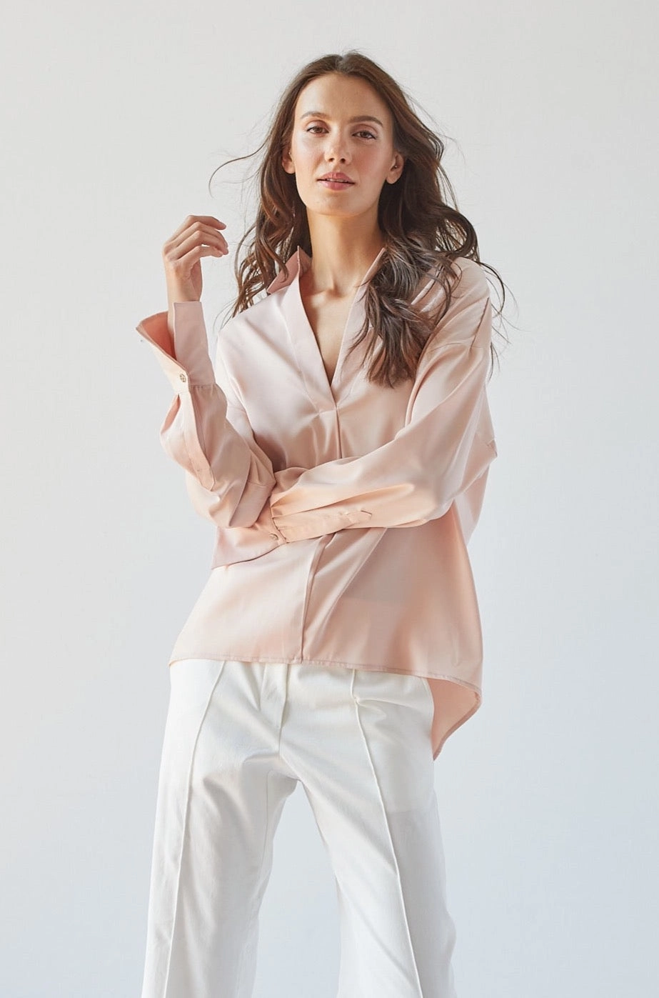 Kay Popover Satin Blouse With Long Cuffs - Rose Soft touch finish Ombre look