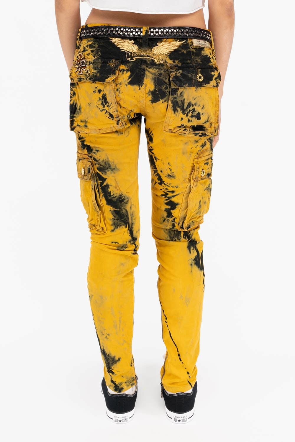 Textured Yarn Blends Sleek Design ZIPPER-MILITARY STYLE WOMENS CARGO PANTS IN TIE DYE YELLOW
