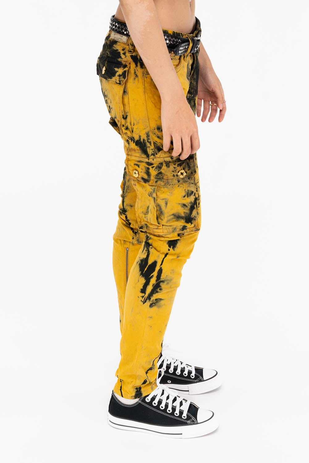 Sanded Seam Comfort ZIPPER-MILITARY STYLE WOMENS CARGO PANTS IN TIE DYE YELLOW