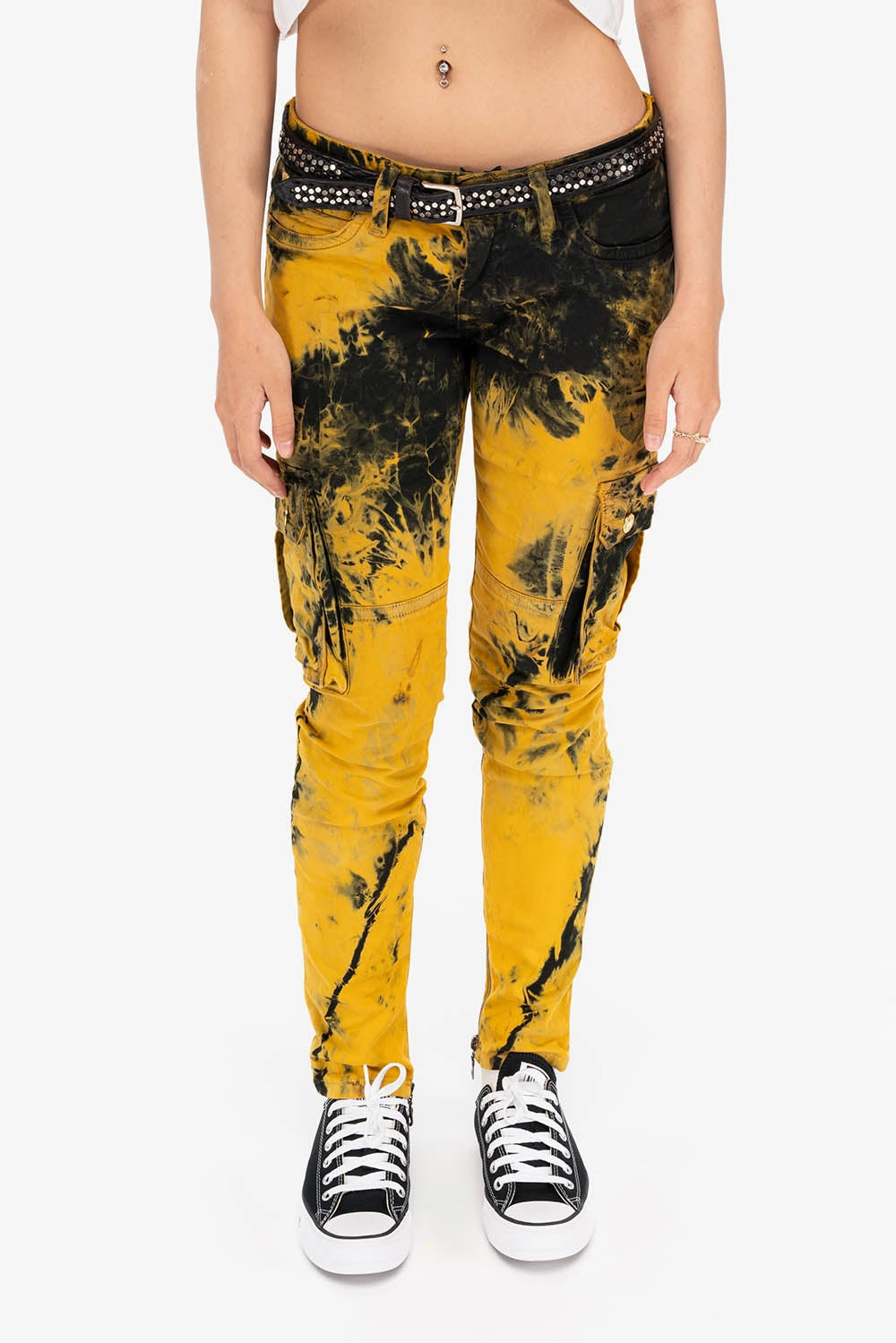 ZIPPER-MILITARY STYLE WOMENS CARGO PANTS IN TIE DYE YELLOW Smart Style Ready to Wear