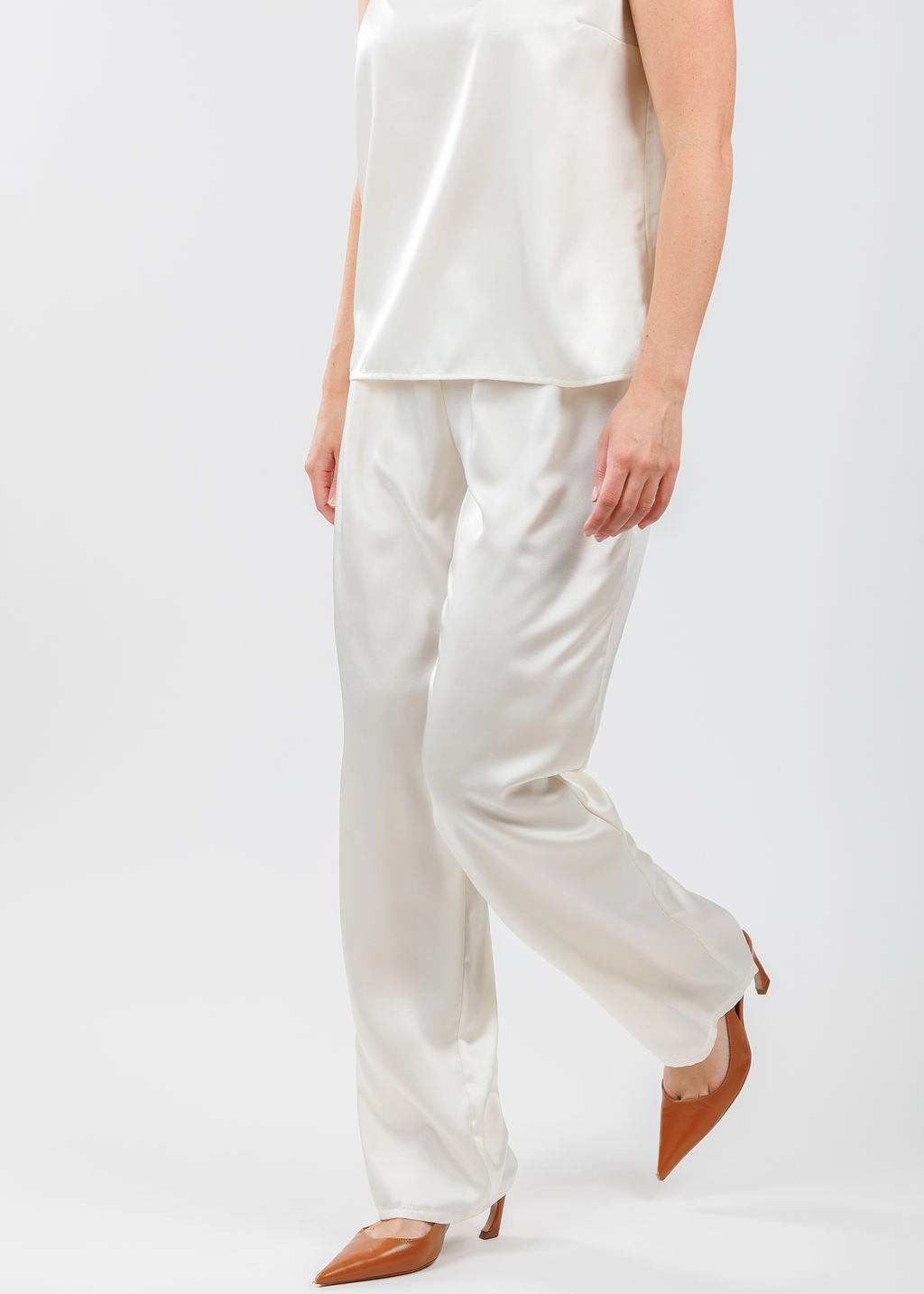 Seamless Waistband Active Comfort Wear Soft Satin Straight Pants - Ivory