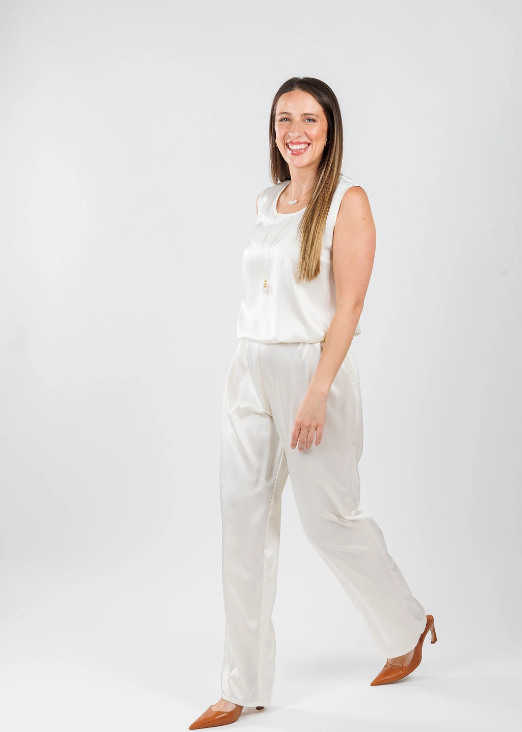 Soft Satin Straight Pants - Ivory Anti Pilling Textile Long Wear