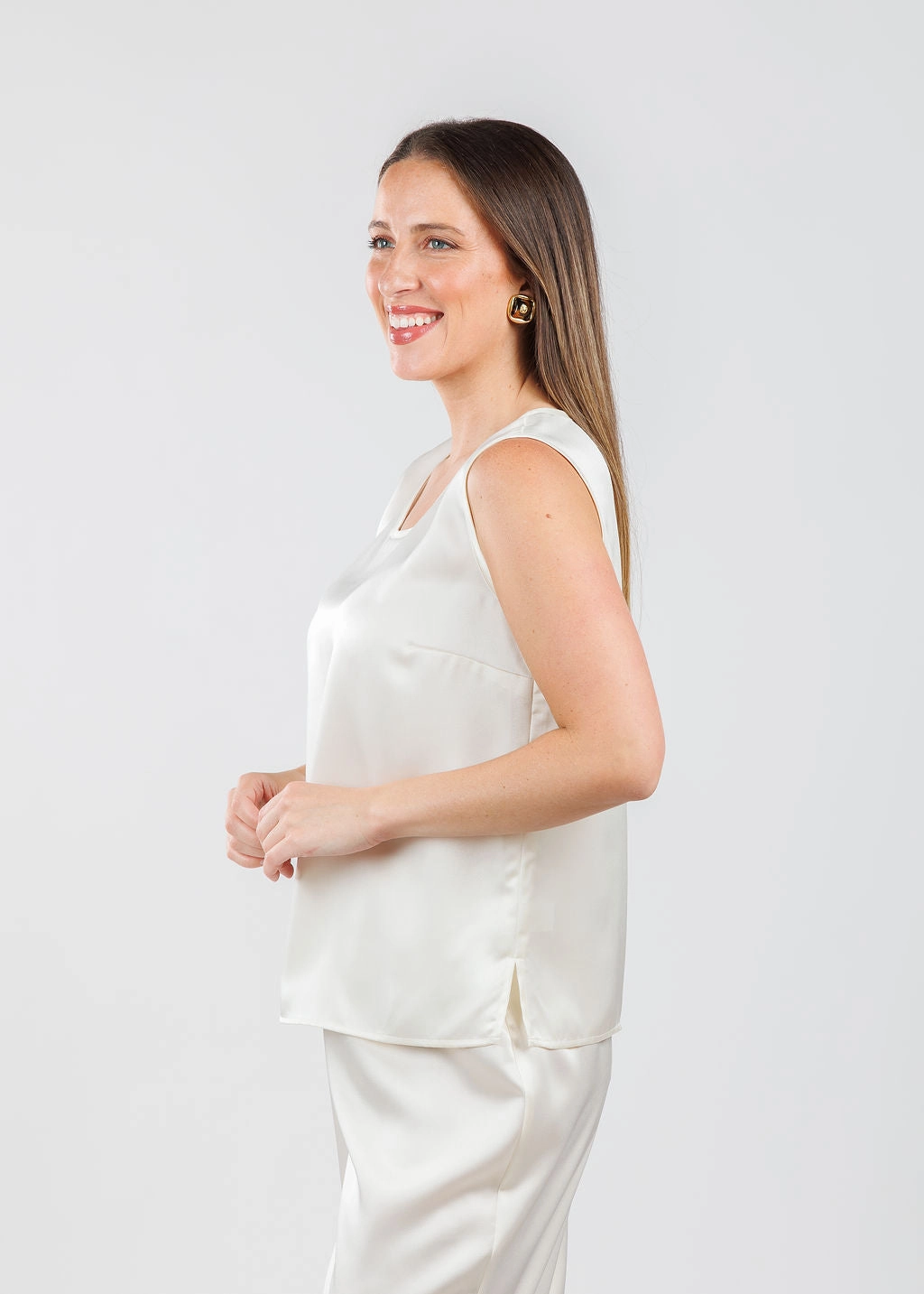 Casual Fit Soft Satin Tank - Ivory
