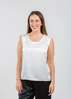 Roll-Up Sleeve Sleek Silhouette Soft Satin Tank - White