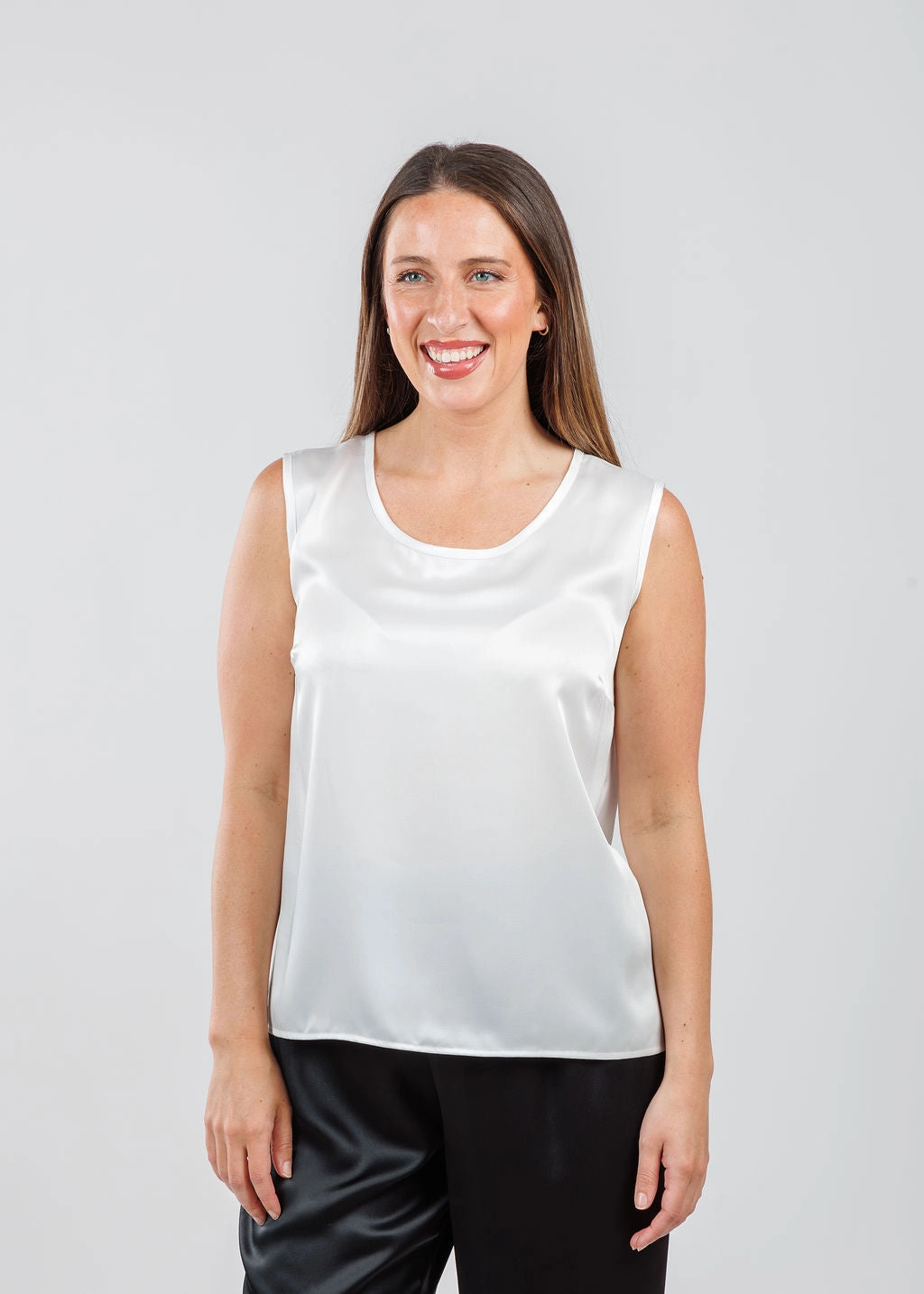 Roll-Up Sleeve Sleek Silhouette Soft Satin Tank - White