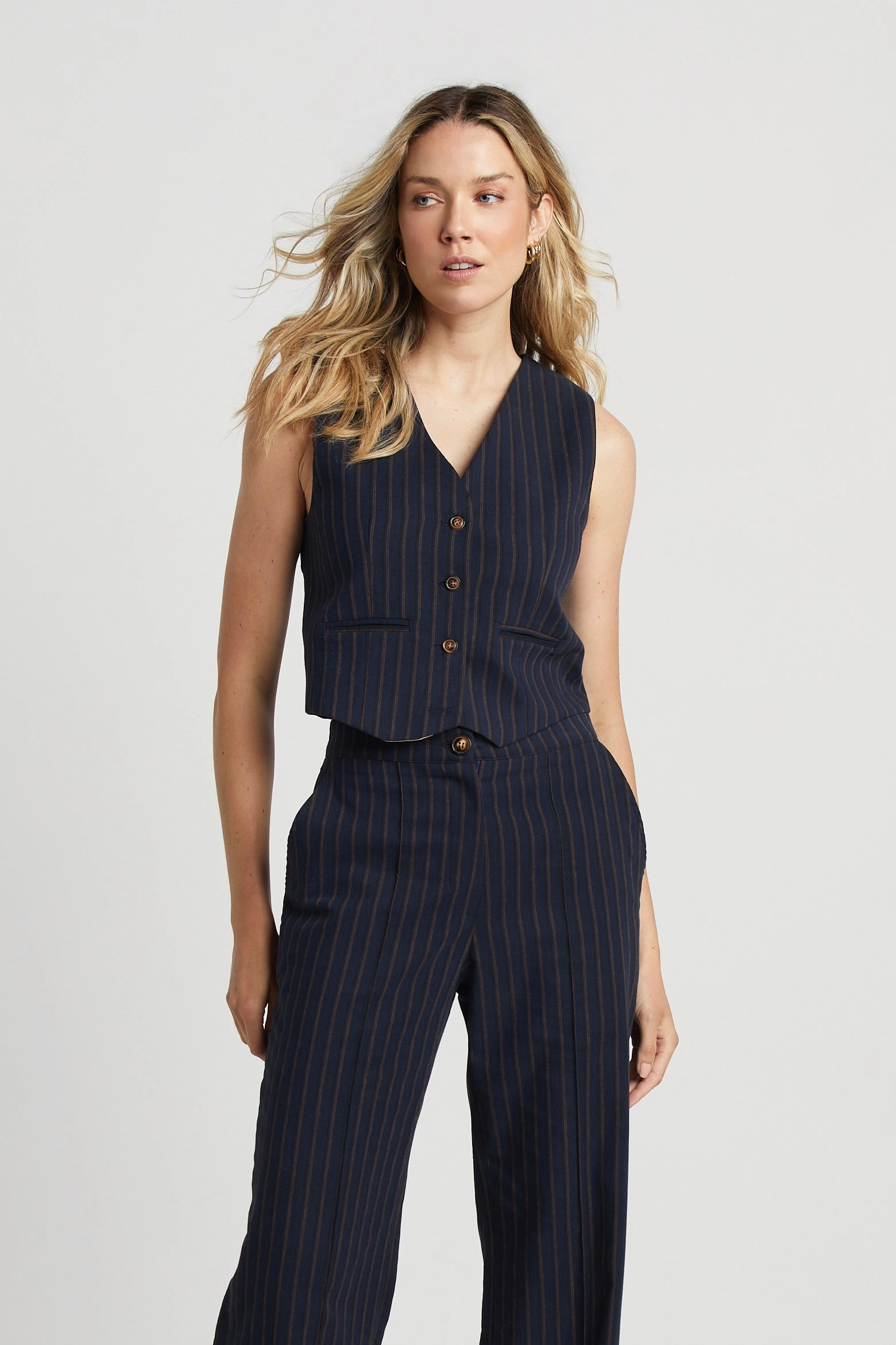 Sandro Sleeveless Pinstriped Vest - Navy/Chocolate Buttery Soft Handfeel