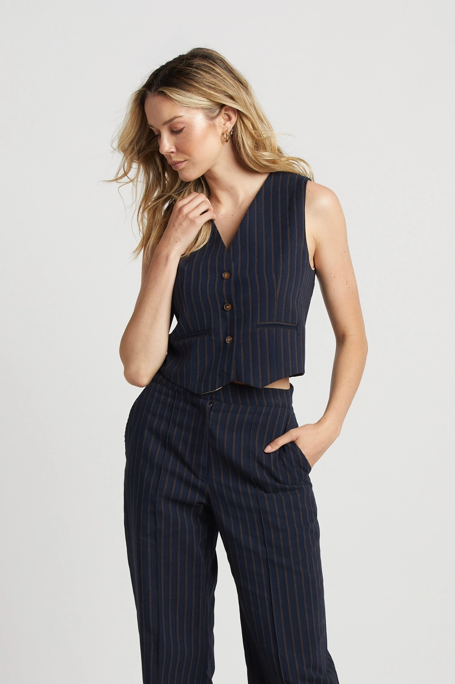 Ergonomic Seams Sandro Sleeveless Pinstriped Vest - Navy/Chocolate