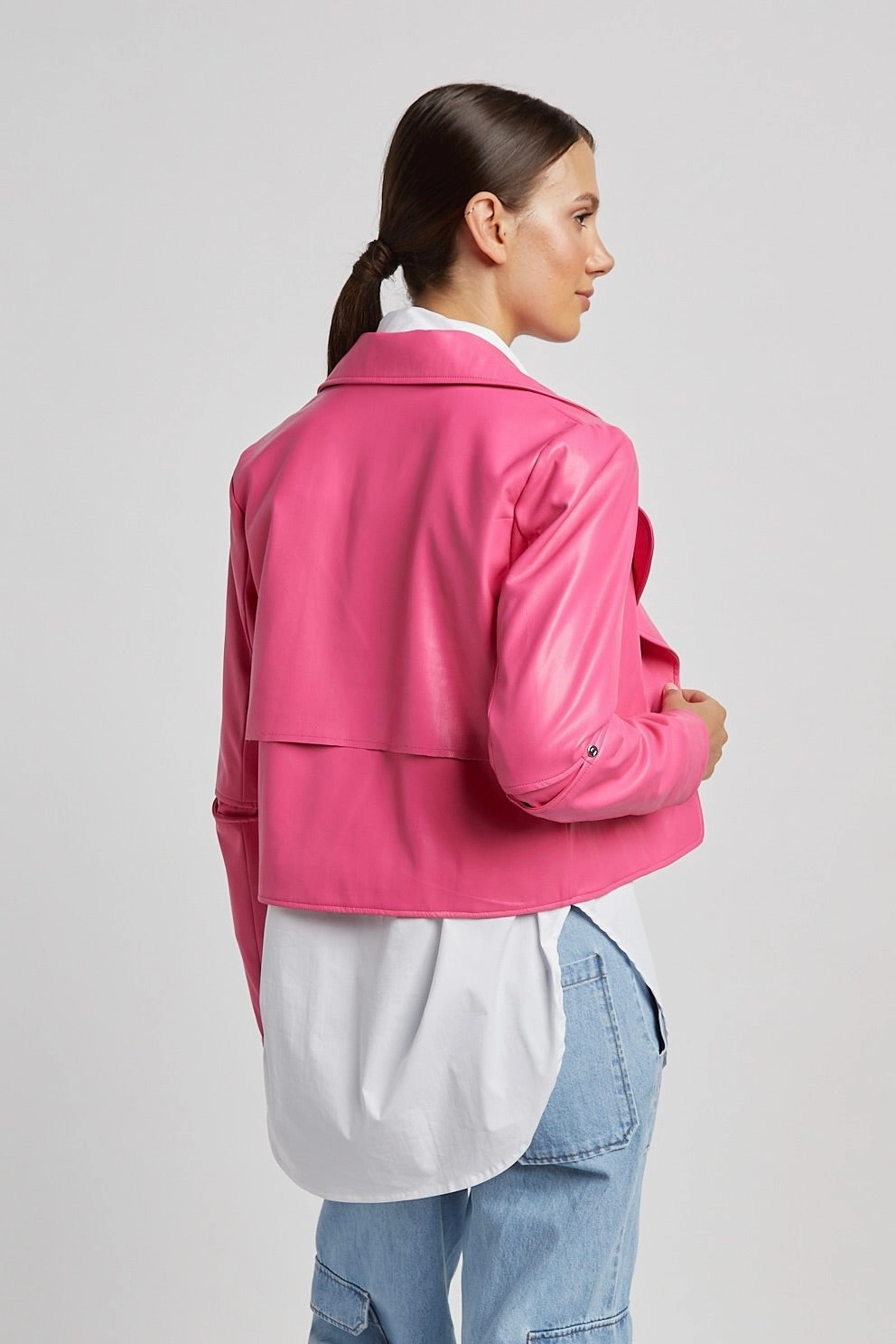 abrasion resistant coating MoistureWickingTechnology Ninon Short Vegan Leather Open Front Jacket - Fuchsia
