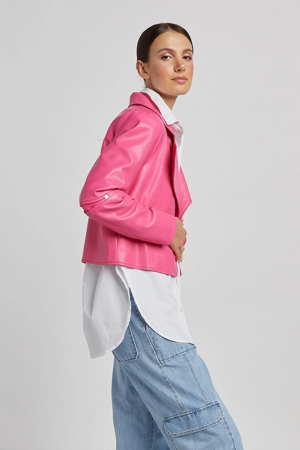 Ninon Short Vegan Leather Open Front Jacket - Fuchsia Quick Dry Performance