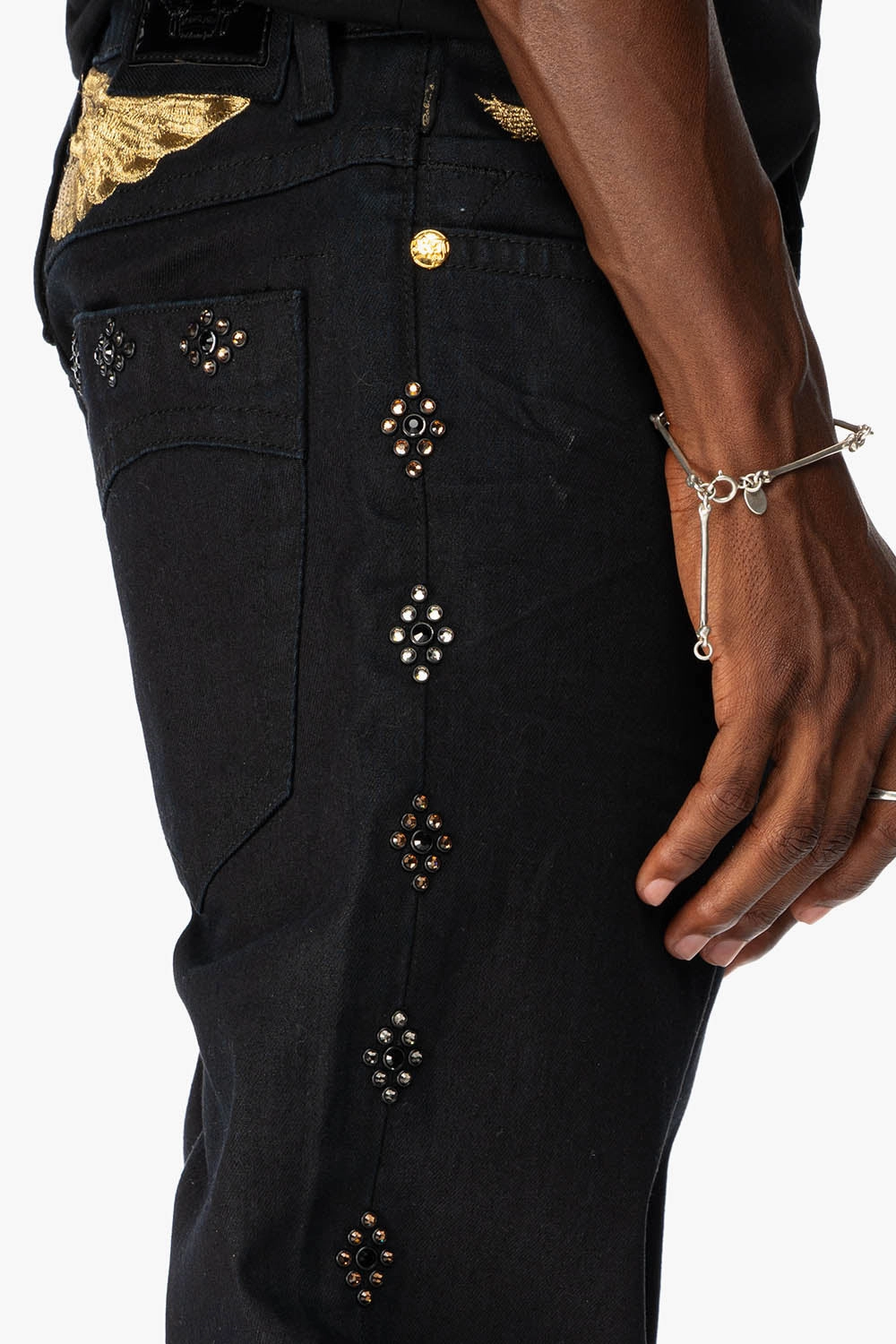 Light Fabric BIG MARLON 5 POCKET SLIM FIT MENS JEANS IN PURE BLACK WASH WITH GUNSLINGER CRYSTAL MOTIF