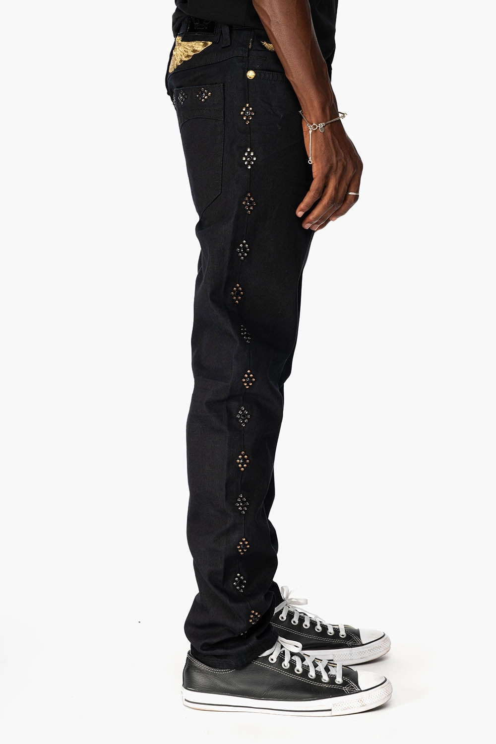 Fit And Easy BIG MARLON 5 POCKET SLIM FIT MENS JEANS IN PURE BLACK WASH WITH GUNSLINGER CRYSTAL MOTIF