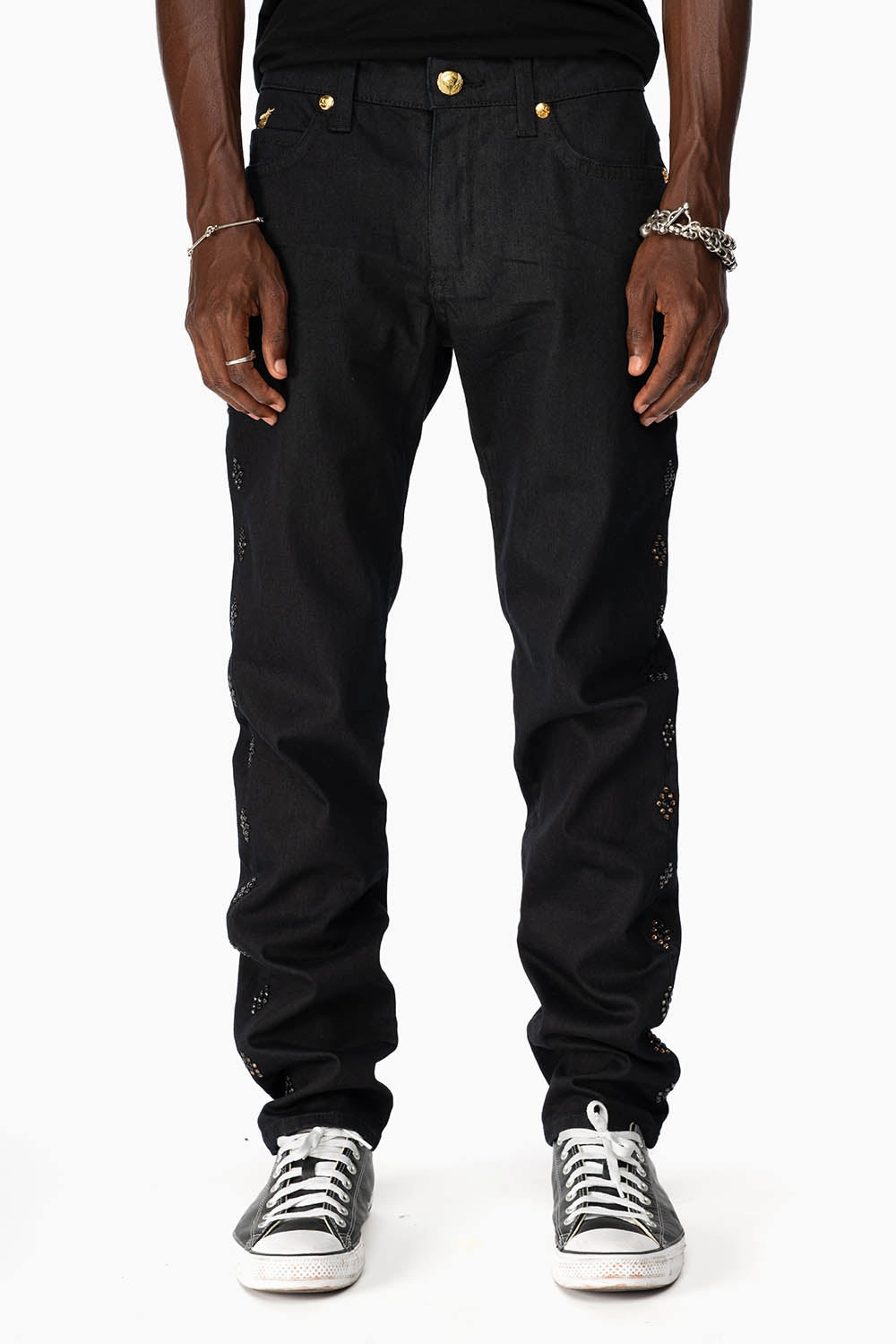 Relaxed Design Style BIG MARLON 5 POCKET SLIM FIT MENS JEANS IN PURE BLACK WASH WITH GUNSLINGER CRYSTAL MOTIF