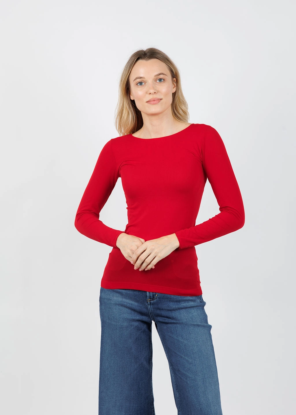 Everyday Layer Simple Fit Solid Raw Edge High Neck Second Skin Top - True Red