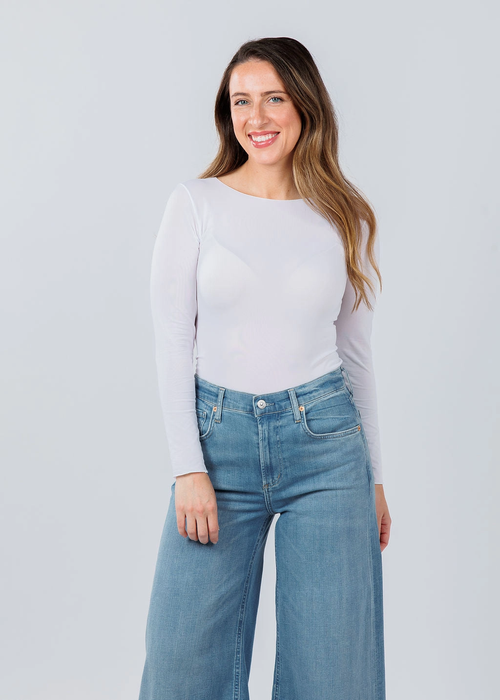 Solid Raw Edge High Neck Second Skin Top - White Embroidered Logo