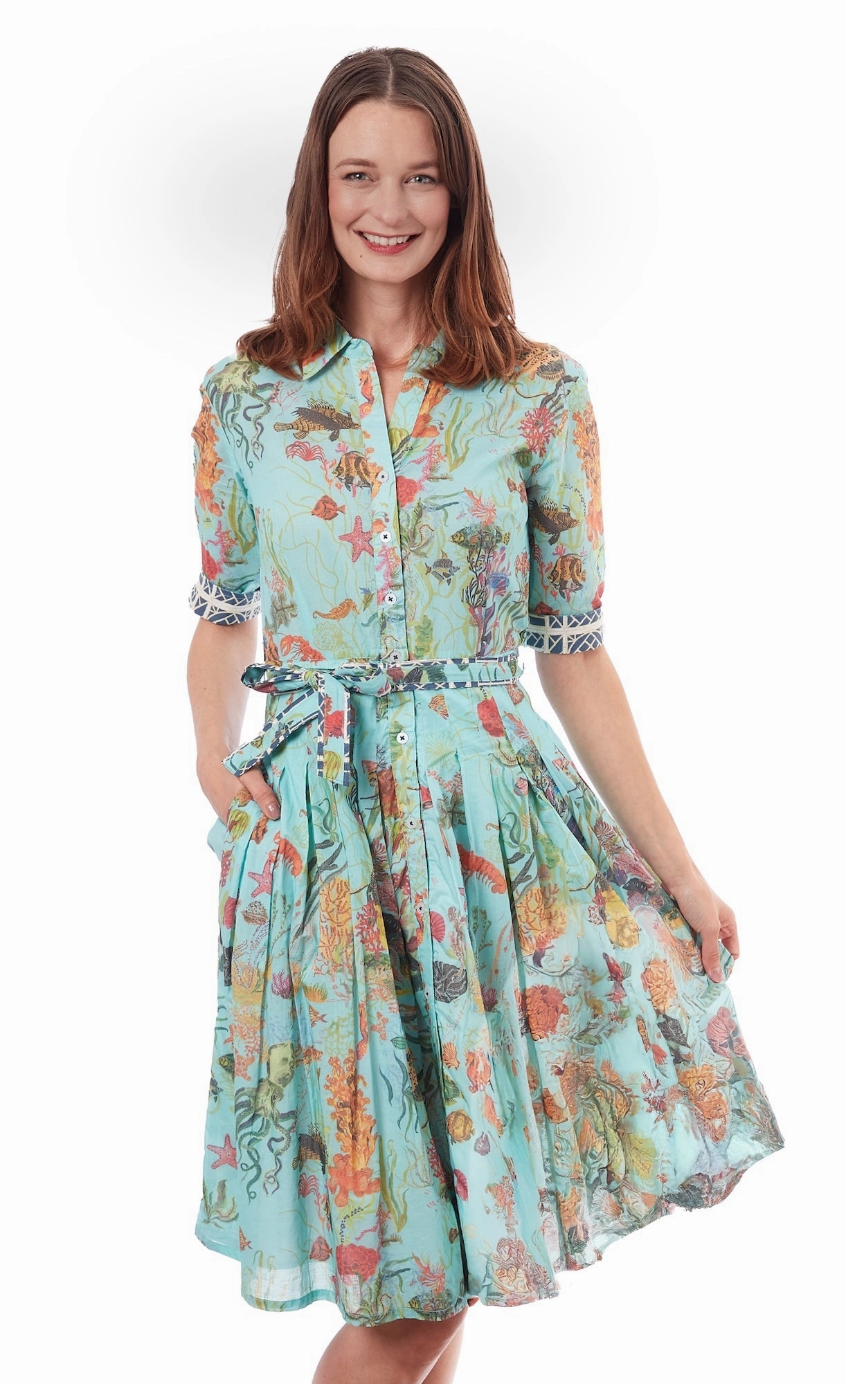 Mrs Maisel Dress - Turquoise Ground Sealife Print Layering Fit Light material