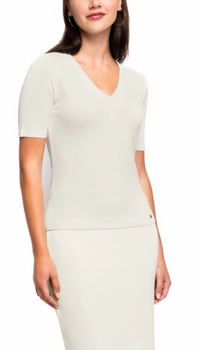 Elena V-Neck Ribbed Top - Beige Camouflage Print Asymmetrical Cut