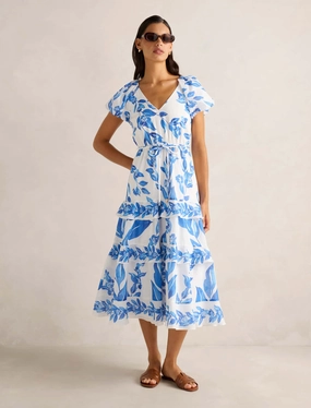 Iris Tiered Ruffle Midi Dress Invisible-Zip Flow Sleeve