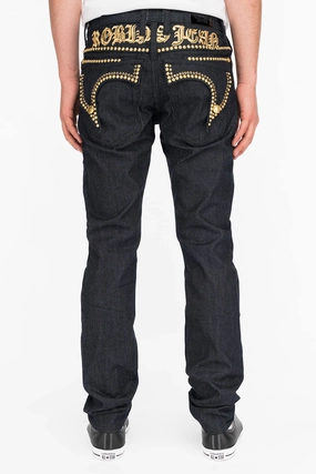Flexible Waist MENS RAW DENIM SLIM FIT KILLER FLAP JEANS WITH O.E. SCRIPT STUDS AND CRYSTALS