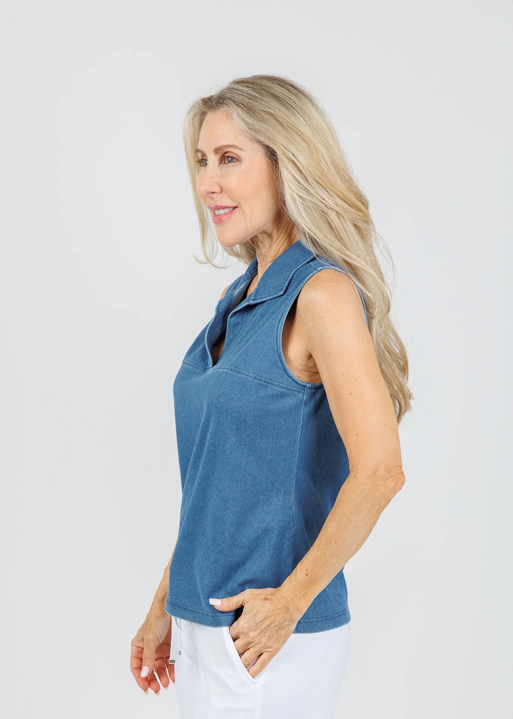 Emma Sleeveless Knit Denim Foundation Layer - Medium Wash Relaxed Design Local Favorite