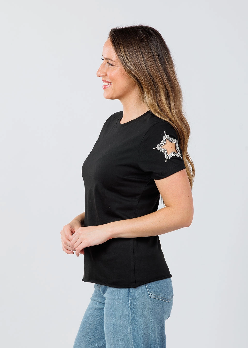 Adjustable Hem Floral Motif Stars Cut Out Sleeve Tee - Black