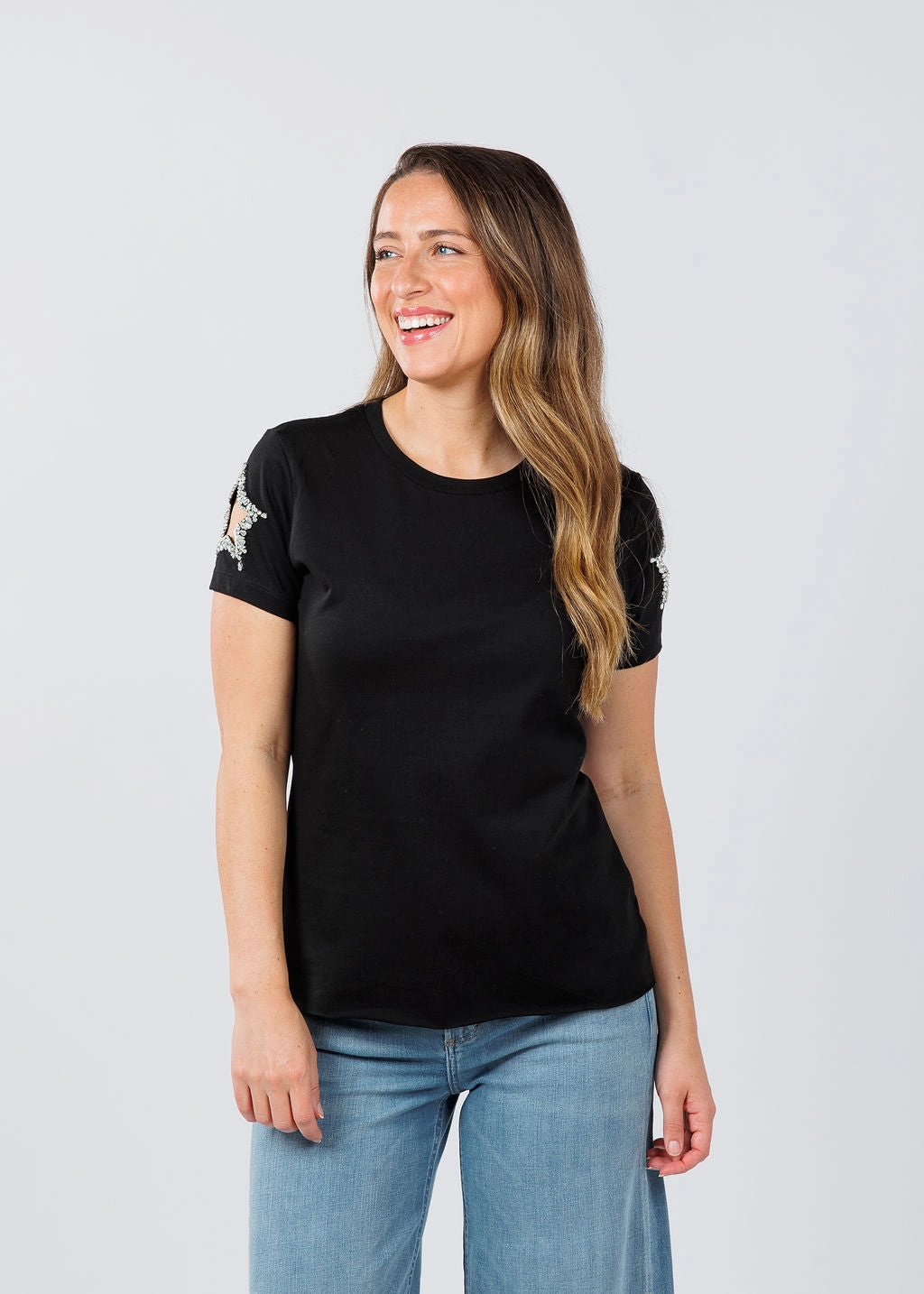 Athletic Look Date night Stars Cut Out Sleeve Tee - Black
