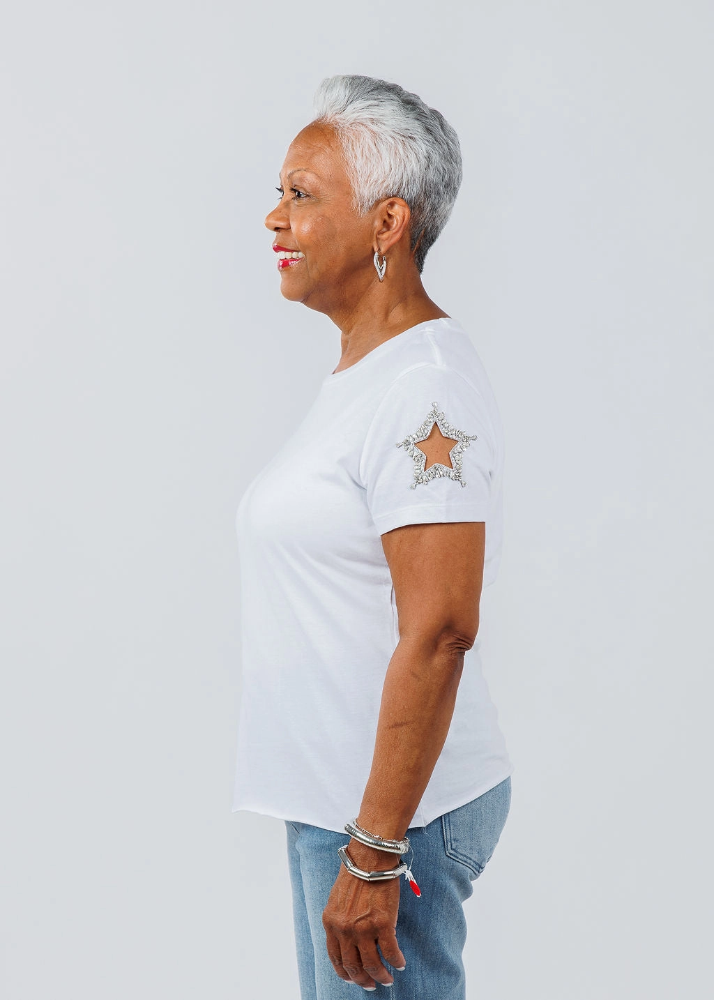 Urban Comfort Checkered Look Stars Cut Out Sleeve Tee - White