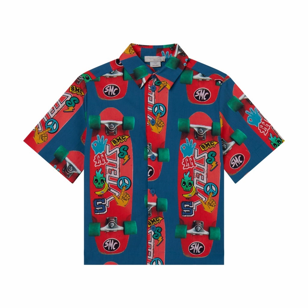 Stella McCartney Kids Graphic Skateboards All-Over Print Shirt Foldable Cuff Design QuickRelease