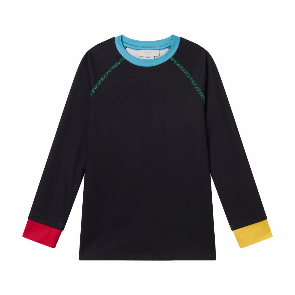 Stella McCartney Kids Snow Black Long-Sleeve T-shirt with Coloured Ribs MoistureWicking
