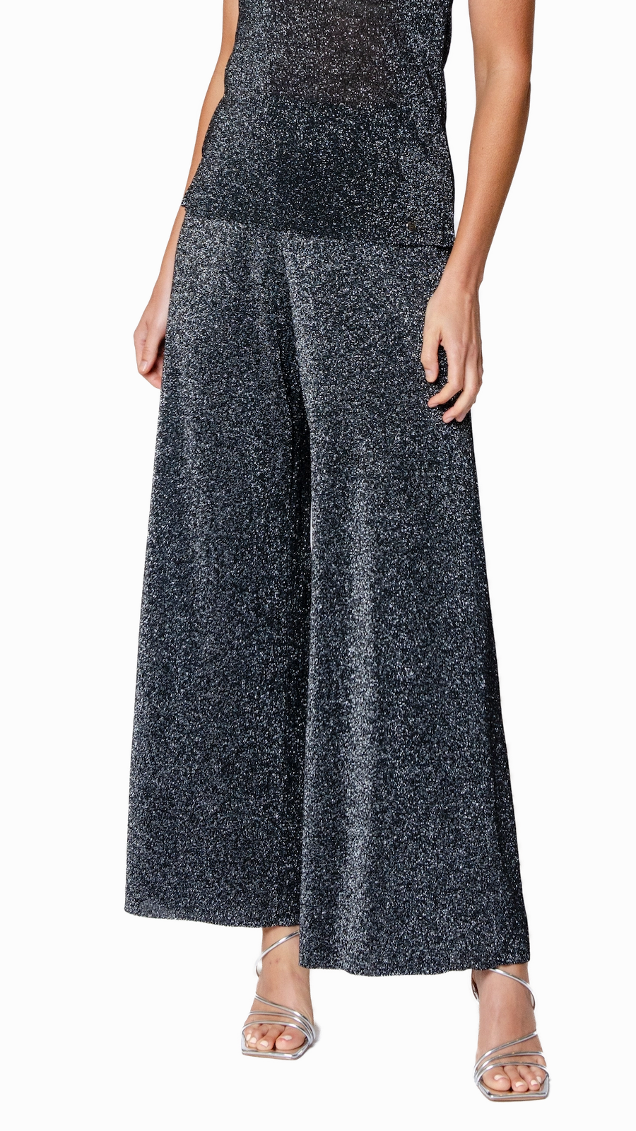 Anti Pilling Fabric Paola Wide Leg Shimmery Pant - Silver Black