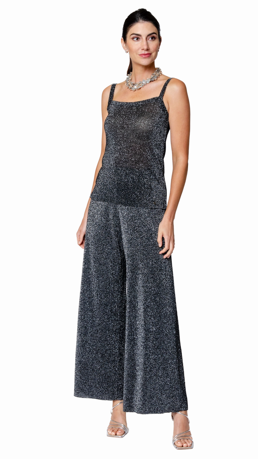 Paola Wide Leg Shimmery Pant - Silver Black All-Purpose Wear