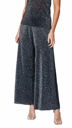 Paola Wide Leg Shimmery Pant - Silver Black Loose cut Soft Waistband