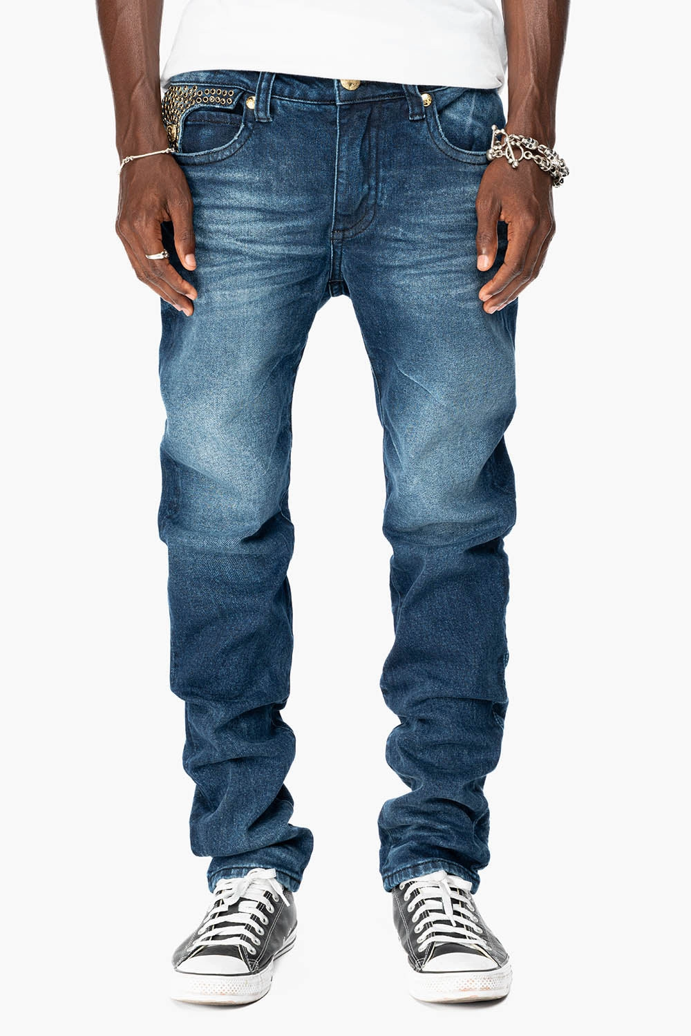 KILLER FLAP MENS SKINNY JEAN IN  OMAHA DARK WASH  FULLY EMBELLISHED WITH JET BLK CRYSTALS Low Impact Dye Date Night Daily Wear