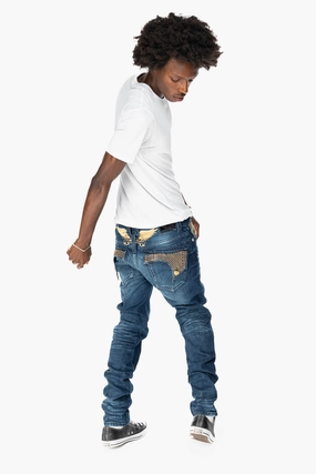 KILLER FLAP MENS SKINNY JEAN IN  OMAHA DARK WASH  FULLY EMBELLISHED WITH JET BLK CRYSTALS Abrasion Resistant Denim Versatile Comfort