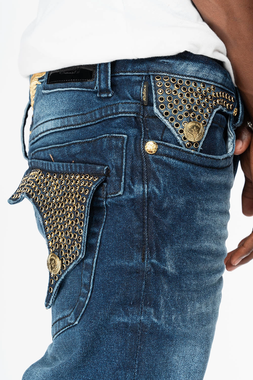 Wardrobe Classic Durable Athlete Fit Travel Outfit KILLER FLAP MENS SKINNY JEAN IN  OMAHA DARK WASH  FULLY EMBELLISHED WITH JET BLK CRYSTALS