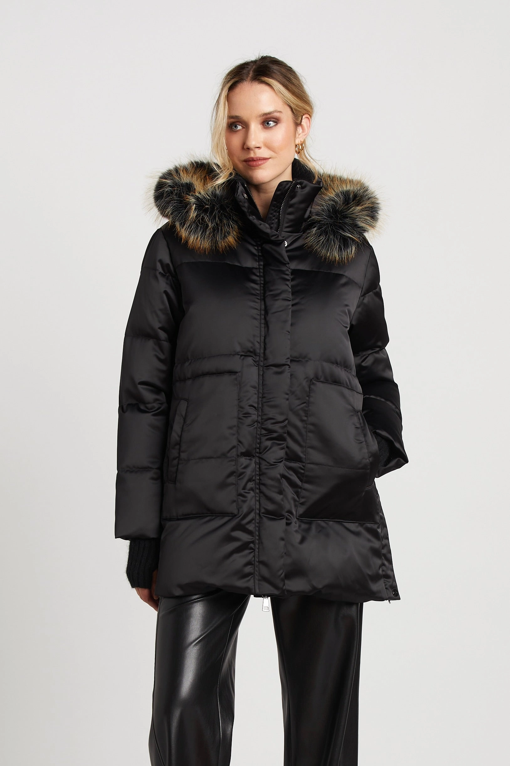 Wrinkle Free Texture Patsy Hooded Down Coat - Black