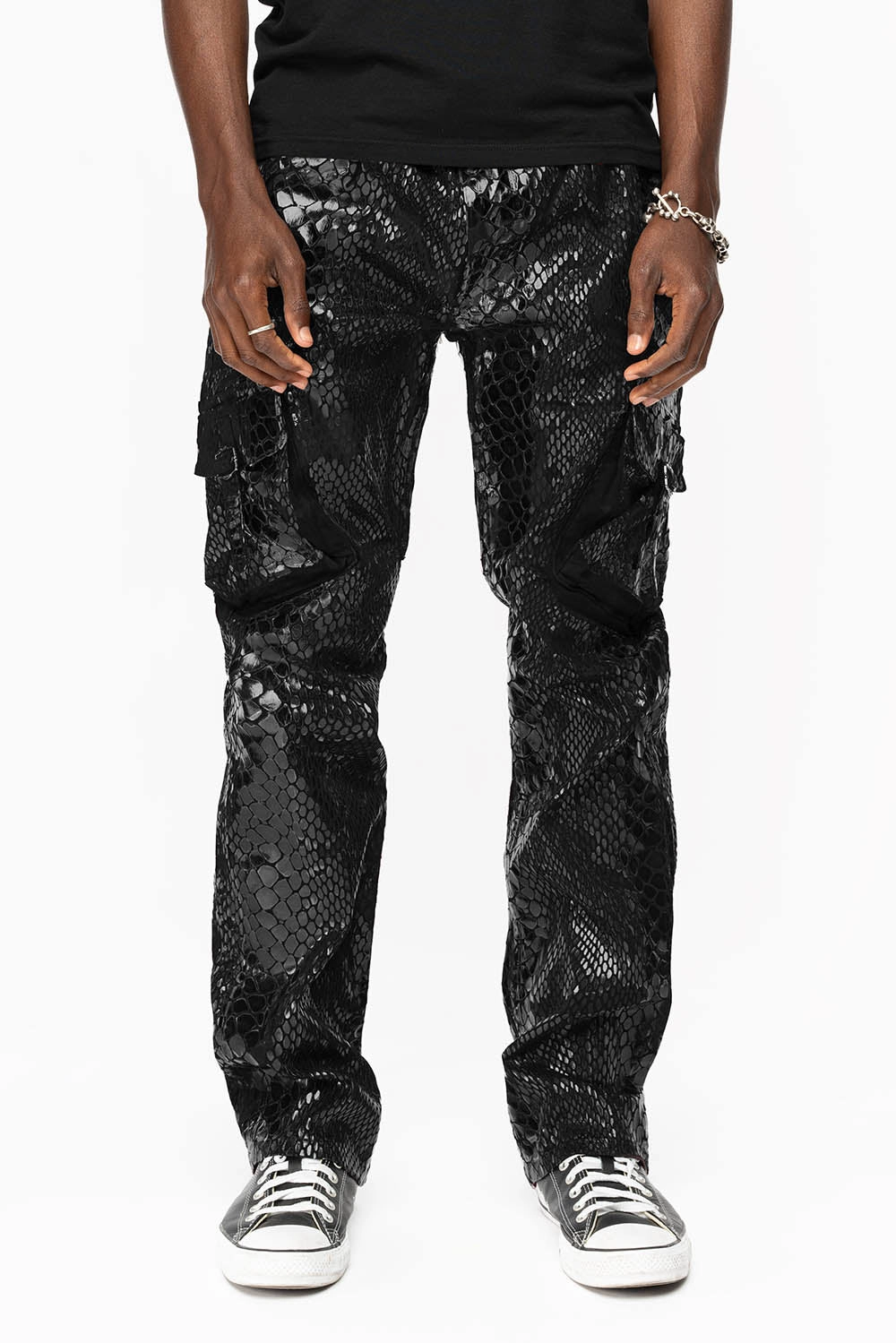 elastic waistband Basic Comfort ROBINS NEW MILITARY STYLE CARGO PANTS IN LIZARD BLACK WITH EMBROIDERY