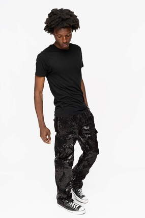 Casual Dressing Effortless Design ROBINS NEW MILITARY STYLE CARGO PANTS IN LIZARD BLACK WITH EMBROIDERY