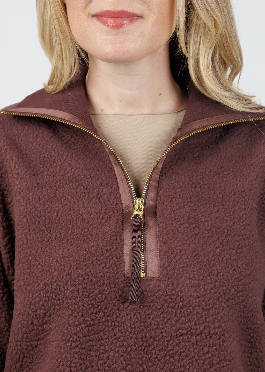 Roselle Half-Zip Fleece Sweater - Deep Mahogany Textured Fabric