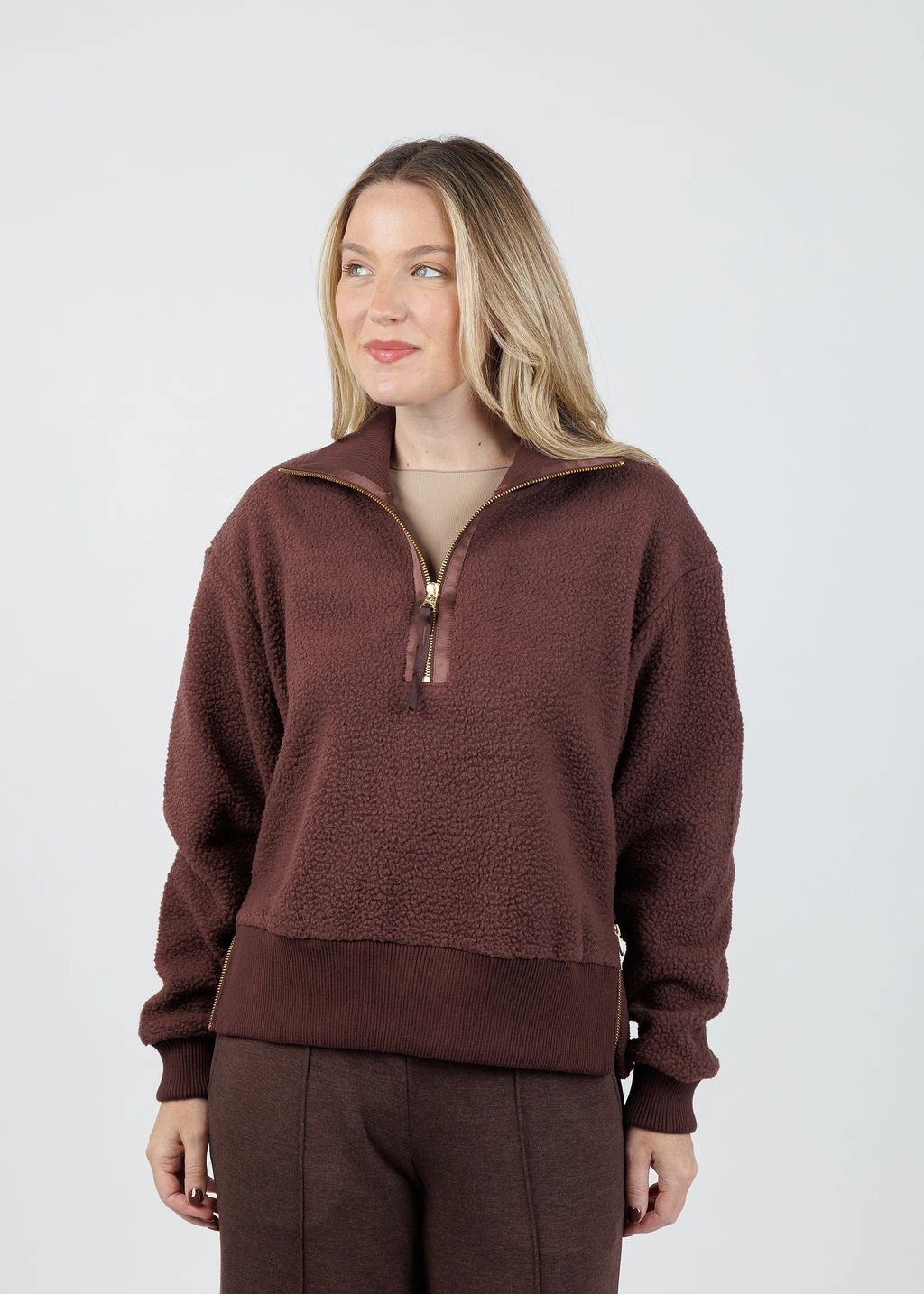 Roselle Half-Zip Fleece Sweater - Deep Mahogany Layered Comfort Wear