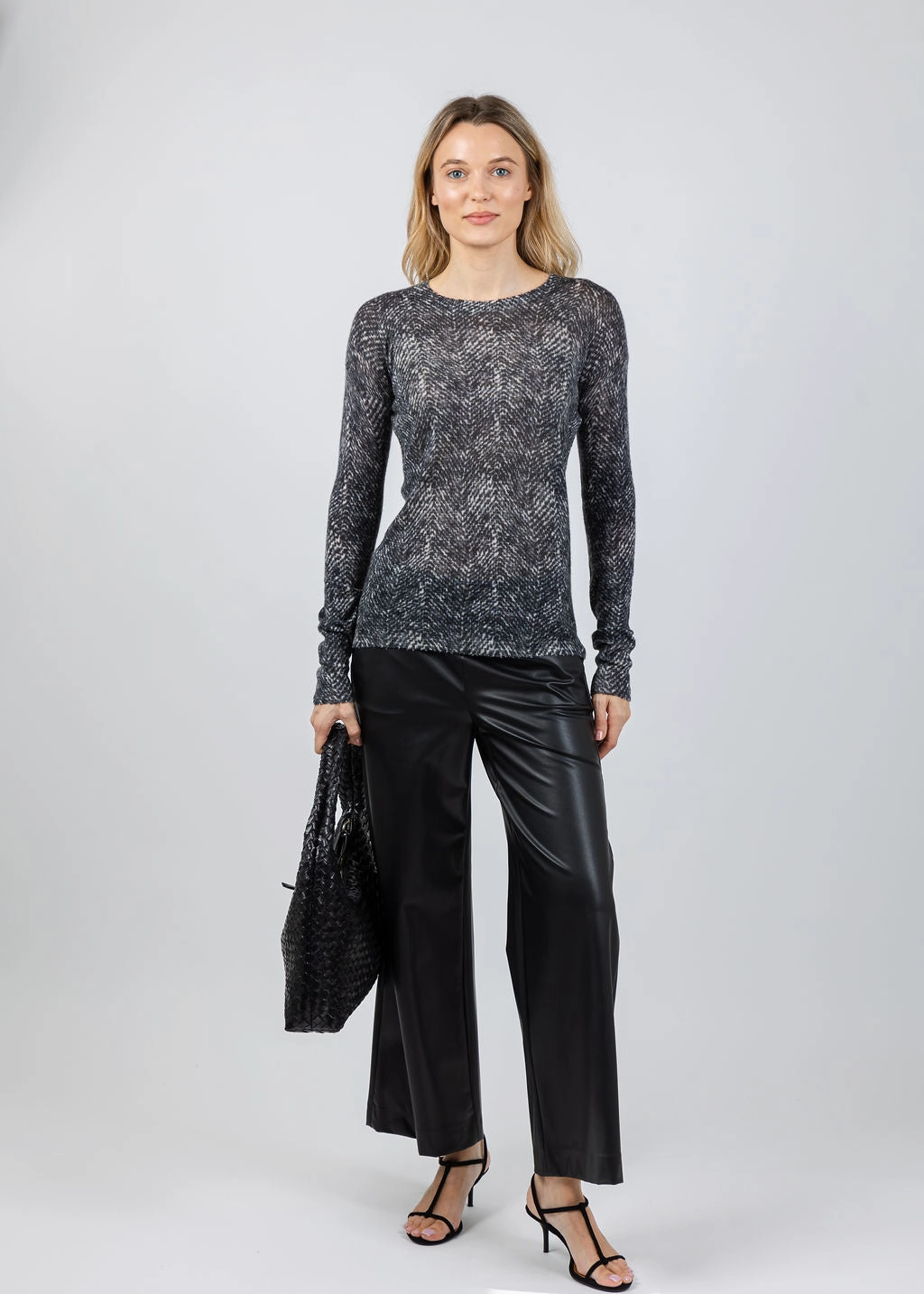 Herringbone Print Raw Edge Crew Sweater - Neutral Combo Odor Control Technology