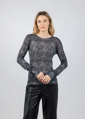 Herringbone Print Raw Edge Crew Sweater - Neutral Combo Sophisticated Look