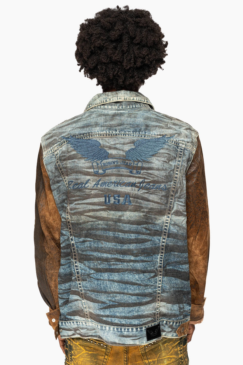 Temperature control MEN??S  DENIM/LEATHER JACKET IN D WASH BROWN WITH PATCHES