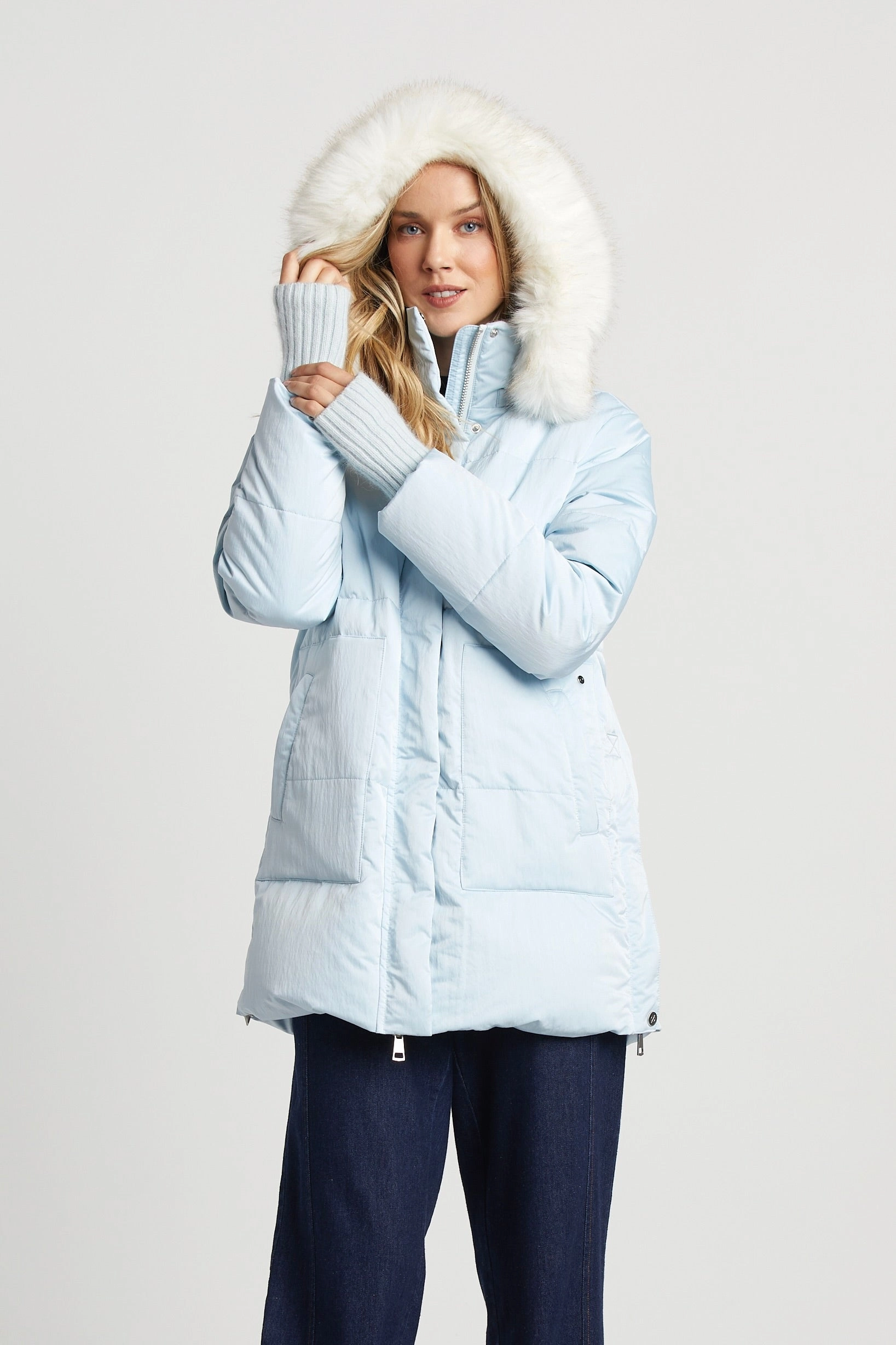 Fleece Backing Patsy Hooded Down Coat - Ice Blue