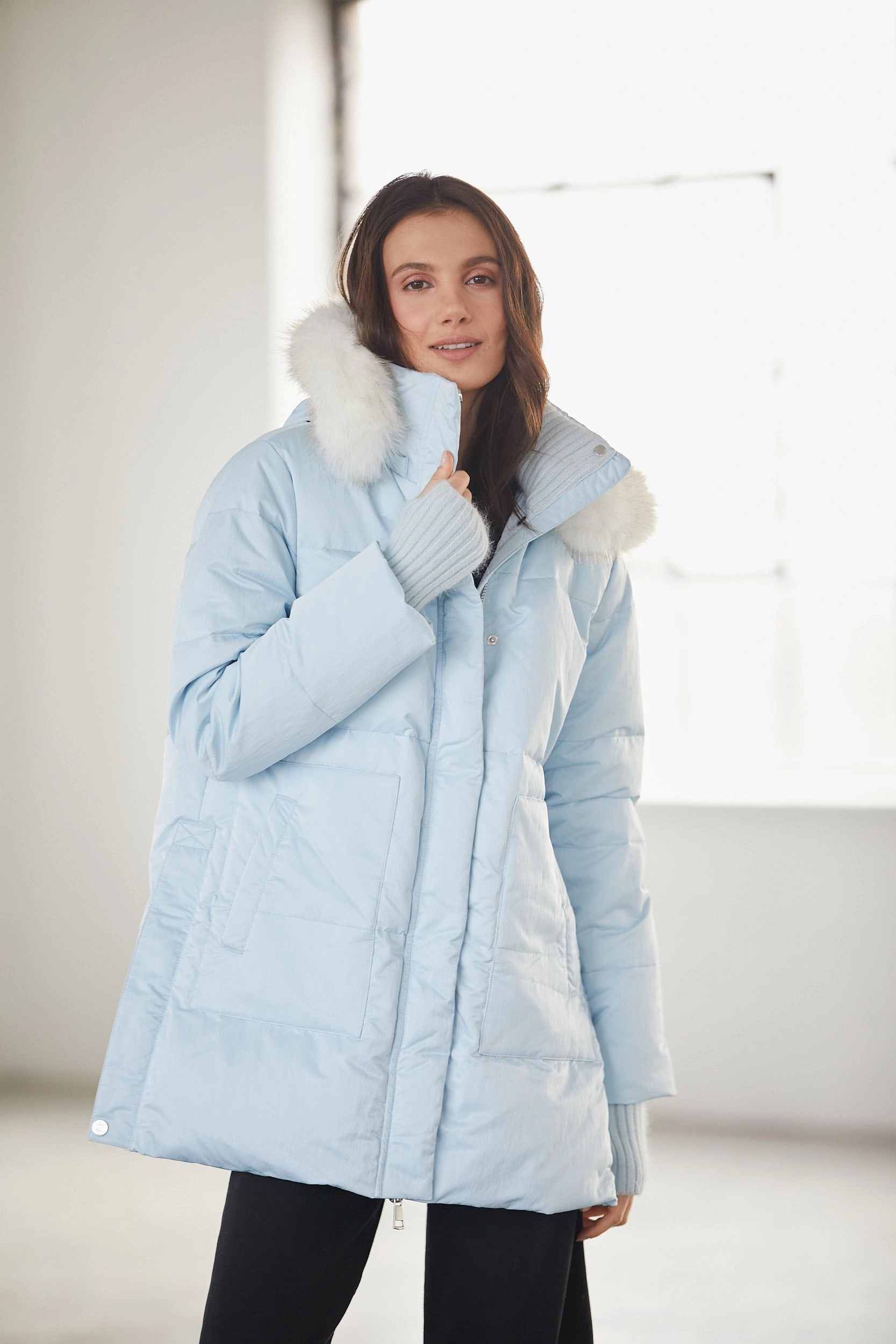 Patsy Hooded Down Coat - Ice Blue Logo Free Style Sleek Utility