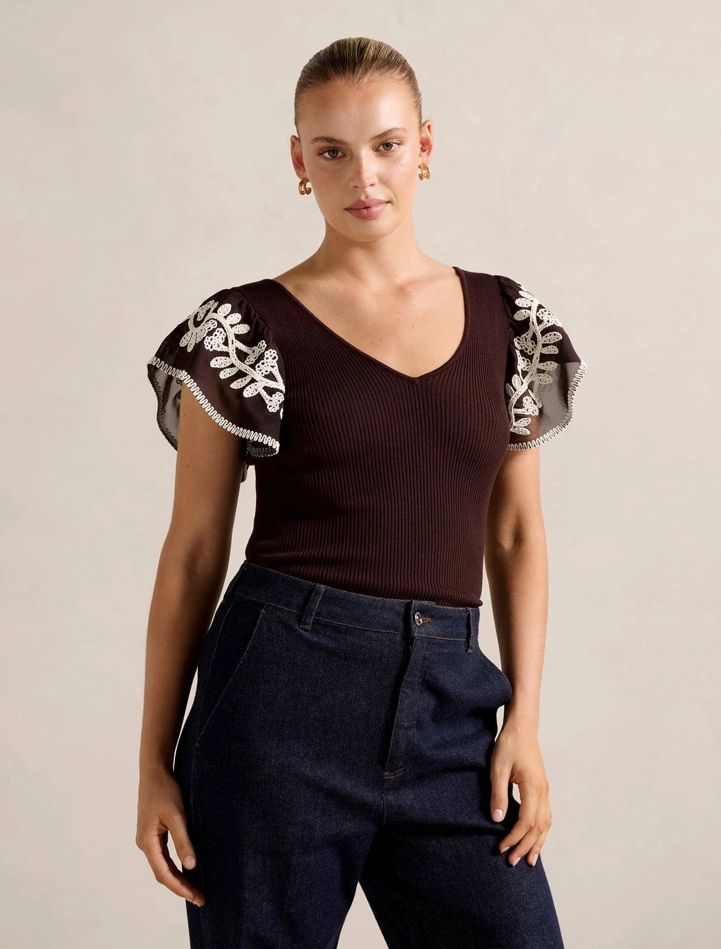 SeamFreeShoulder Formal top Elodie Frill Sleeve Knit Tank Top