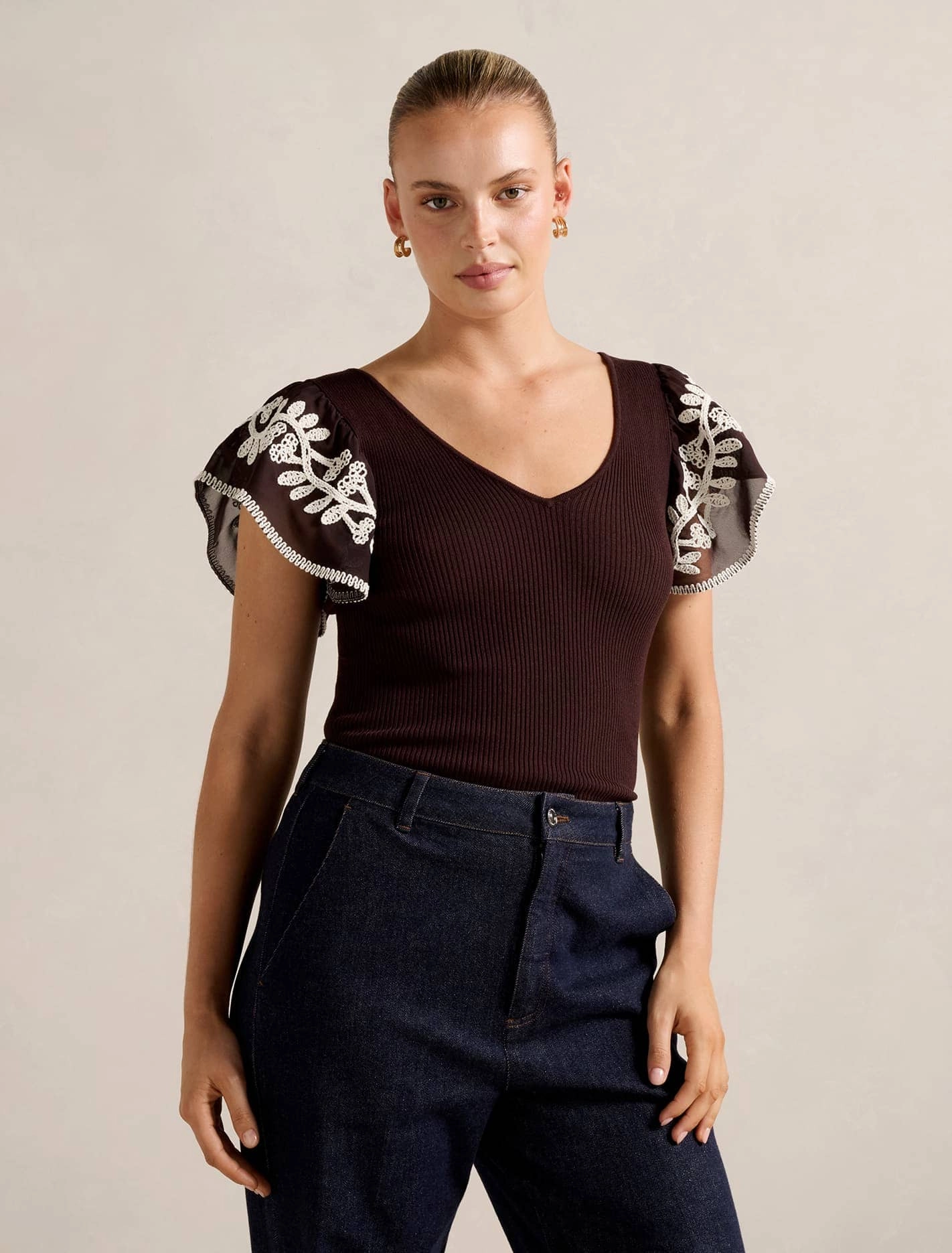 Elodie Frill Sleeve Knit Tank Top Ventilated Panels Overlock Edging