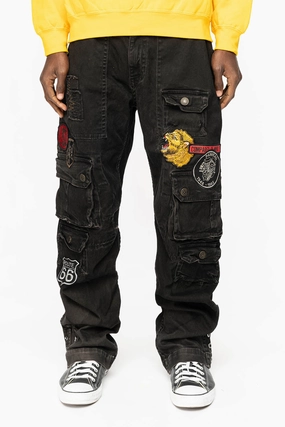Universal Fit Sizing Luxury Textured Athlete Fit ORIGINAL ROBIN??S JEAN CALL OF DUTY CARGO PANTS IN VINTAGE BLACK COLOR WITH MULTIPLE PATCH