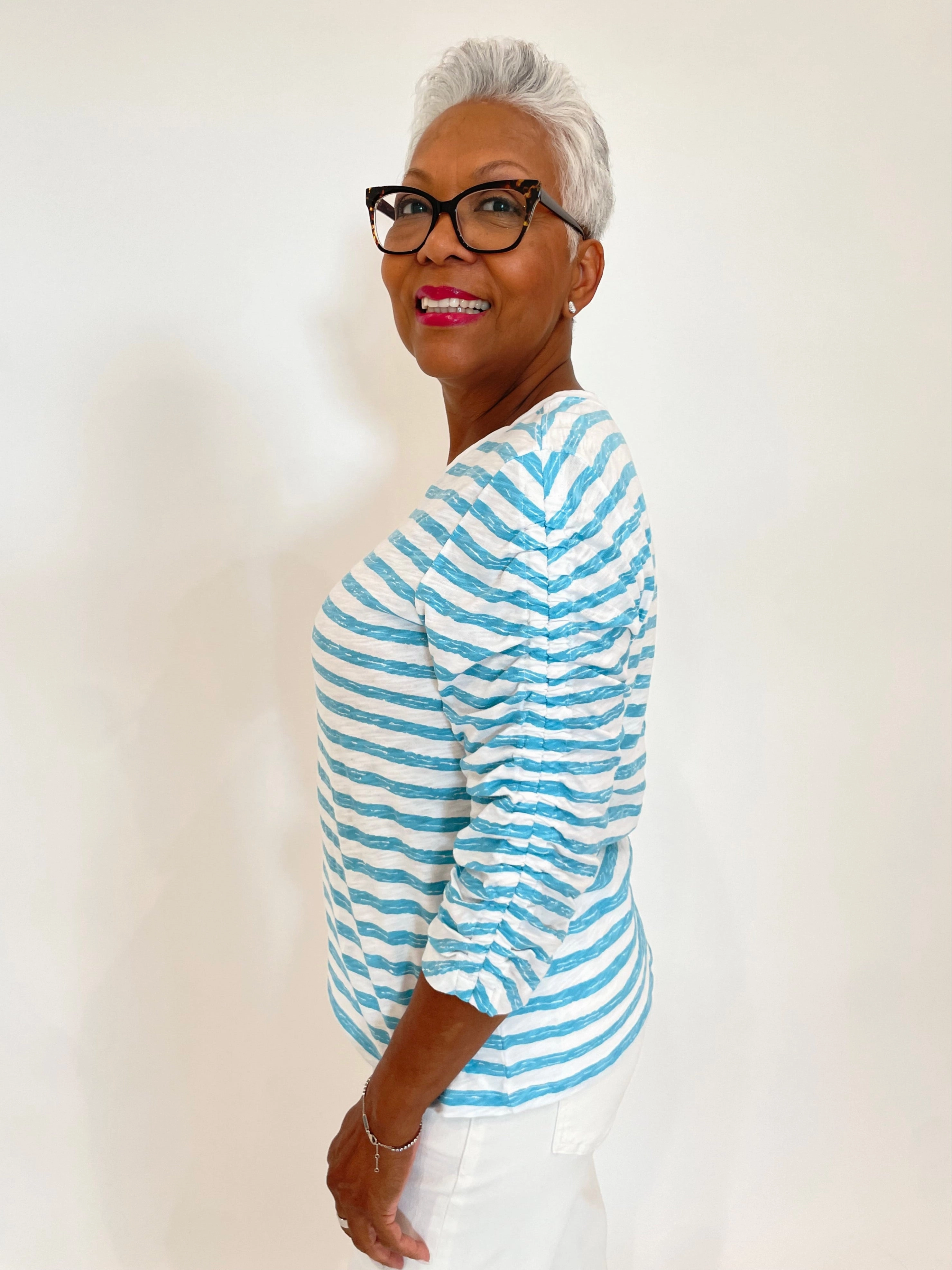 Stripe Ruched Sleeve Tee - Turquoise/White Premium Pima Cotton